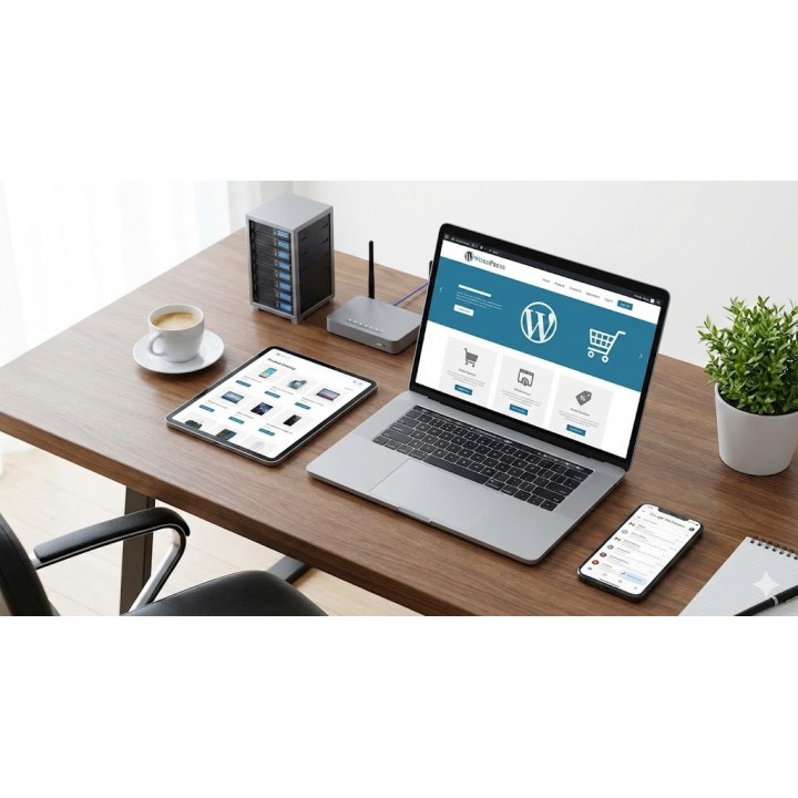 Oficina digital completa: Laptop con sitio web moderno y logos de Google Workspace y Hosting.